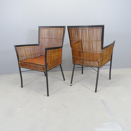 3013 - A set of four mid-century style bamboo stacking chairs with black tubular steel frame.