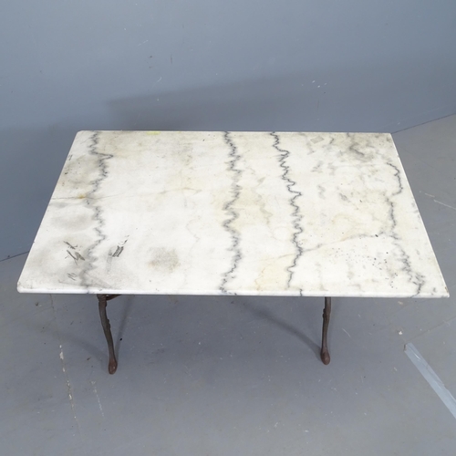 3036 - A French rectangular marble topped garden table on cast iron frame. 101x72x61cm.