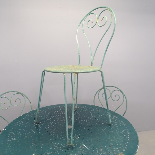 3049 - A painted metal circular topped garden table, 97x74cm, with five matching stacking chairs.