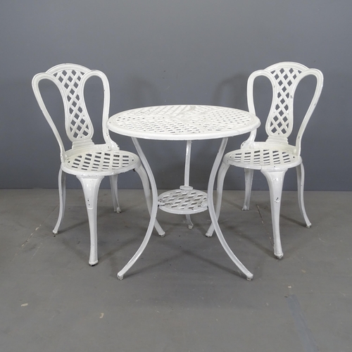 3061 - A painted aluminium bistro table, 60x65cm, with two matching chairs.