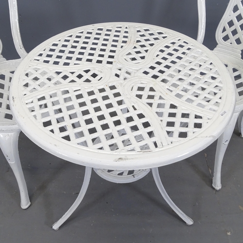 3061 - A painted aluminium bistro table, 60x65cm, with two matching chairs.