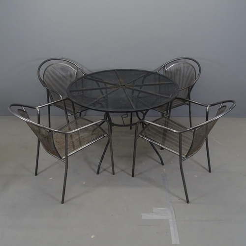 3063 - A modern circular topped garden table, 100x71cm, with four matching stacking chairs.