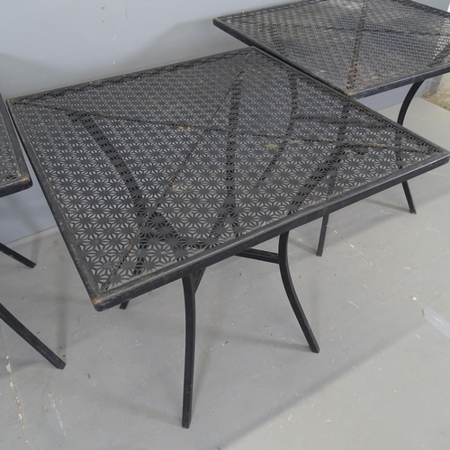 3074 - Three painted metal square-top garden tables, with pierced geometric design. 70x72cm.