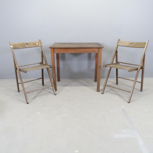 3090 - A teak rectangular garden table, 76x70x50cm, and two folding chairs.