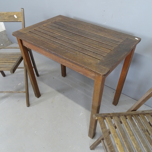 3090 - A teak rectangular garden table, 76x70x50cm, and two folding chairs.