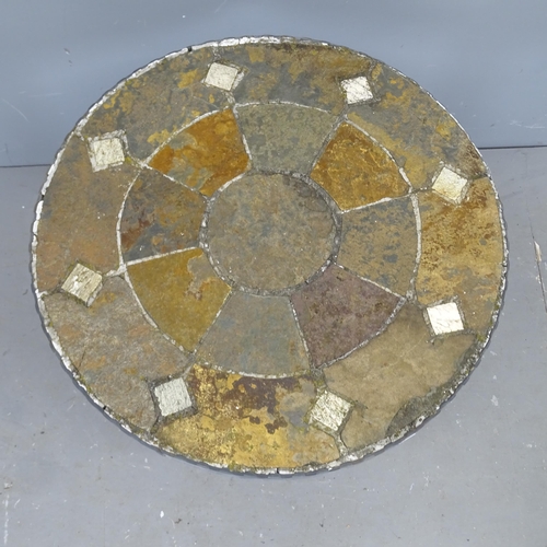 3100 - A circular mosaic topped garden table on painted cast iron base. 61x71cm.