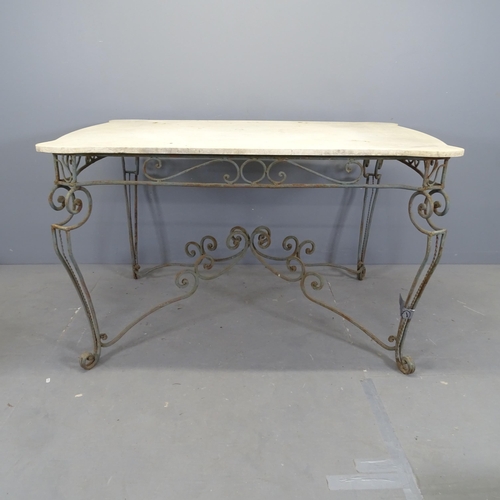 3114 - A French 1930s Art Deco hotel salon table, with marble top on painted wrought iron base. 138x84x90cm