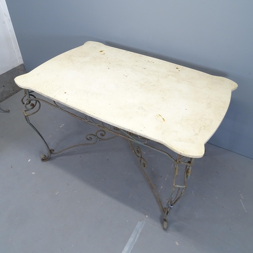 3114 - A French 1930s Art Deco hotel salon table, with marble top on painted wrought iron base. 138x84x90cm