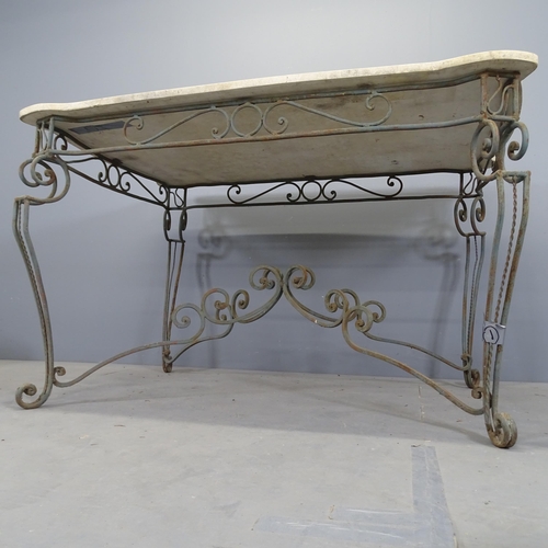 3114 - A French 1930s Art Deco hotel salon table, with marble top on painted wrought iron base. 138x84x90cm