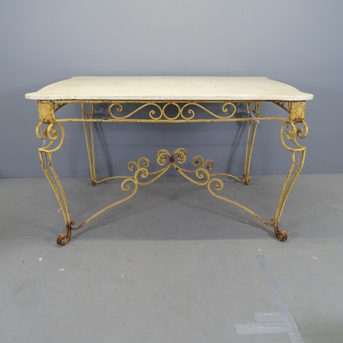 3115 - A French 1930s Art Deco hotel salon table, with marble top on painted wrought iron base. 138x83x90cm