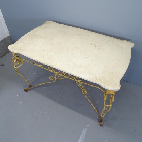 3115 - A French 1930s Art Deco hotel salon table, with marble top on painted wrought iron base. 138x83x90cm