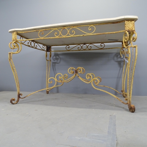 3115 - A French 1930s Art Deco hotel salon table, with marble top on painted wrought iron base. 138x83x90cm