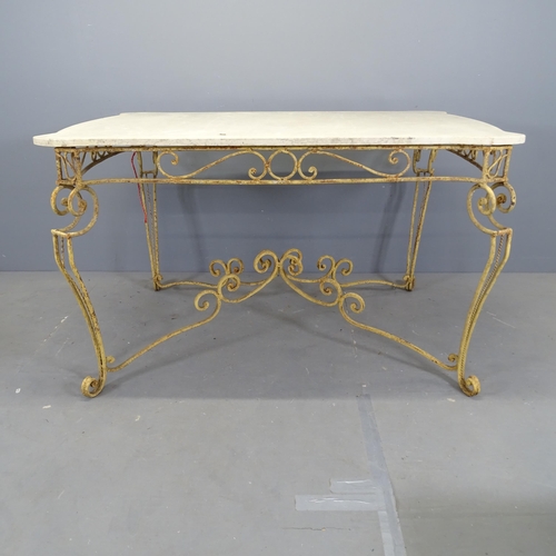 3116 - A French 1930s Art Deco hotel salon table, with marble top on painted wrought iron base. 138x84x90cm