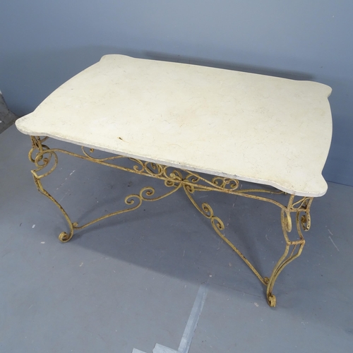 3116 - A French 1930s Art Deco hotel salon table, with marble top on painted wrought iron base. 138x84x90cm