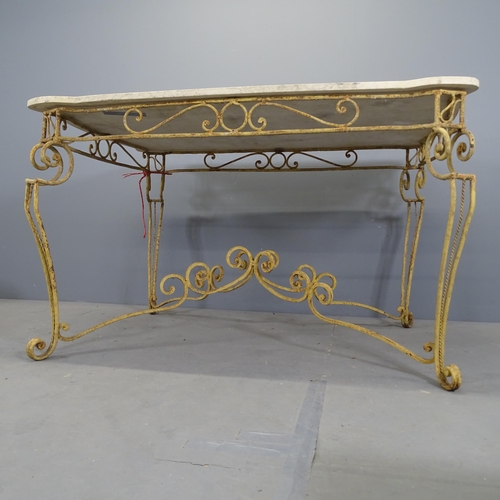 3116 - A French 1930s Art Deco hotel salon table, with marble top on painted wrought iron base. 138x84x90cm