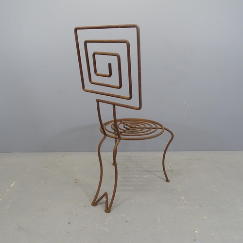 3128 - A post-modern wrought iron chair with round spiral seat and square spiral back.