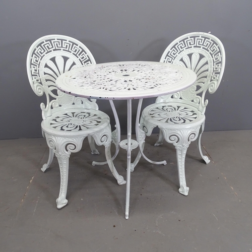 3129 - A painted aluminium circular topped garden table, 69x68cm, and a pair of similar chairs.