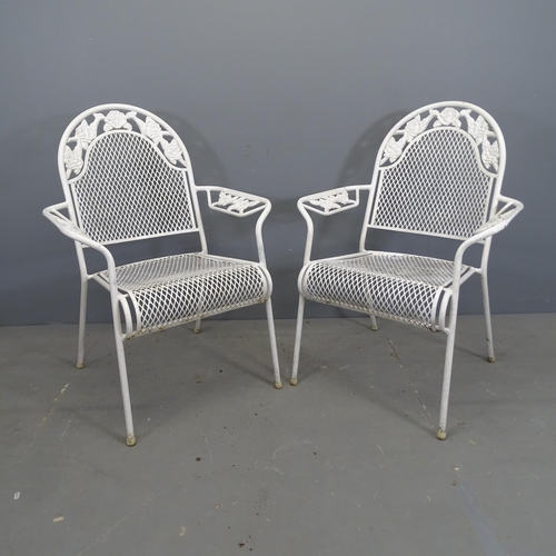 3130 - A pair of painted metal garden open arm chairs, with mesh panels on tubular metal frame.