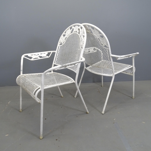 3130 - A pair of painted metal garden open arm chairs, with mesh panels on tubular metal frame.