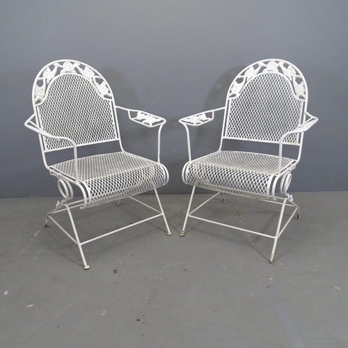 3131 - A pair of painted metal garden open arm rocking chairs, with mesh panels on tubular metal frame.