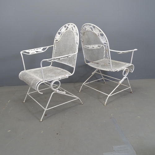 3131 - A pair of painted metal garden open arm rocking chairs, with mesh panels on tubular metal frame.