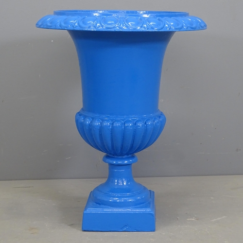 3134 - A French antique blue painted cast iron Campana style urn. 48x63cm.