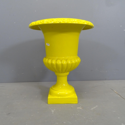 3135 - A French antique yellow painted cast iron Campana style urn. 36x44cm.