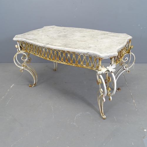 3139 - A mid-century French wrought iron conservatory coffee table with marble top in the manner of Rene Dr... 