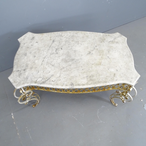 3139 - A mid-century French wrought iron conservatory coffee table with marble top in the manner of Rene Dr... 