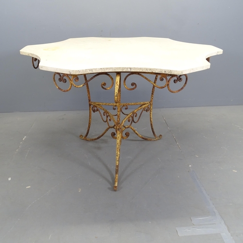 3146 - An 19th century French centre standing Orangerie table with shaped marble top on scrolled wrought ir... 