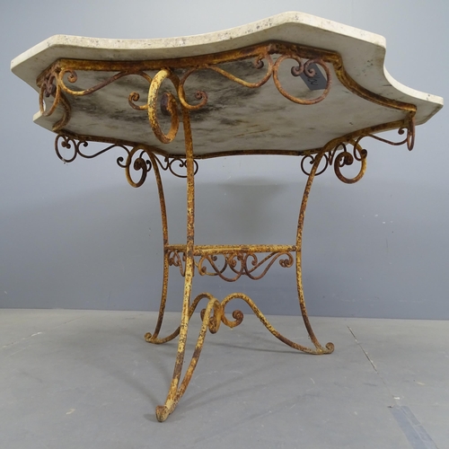 3146 - An 19th century French centre standing Orangerie table with shaped marble top on scrolled wrought ir... 