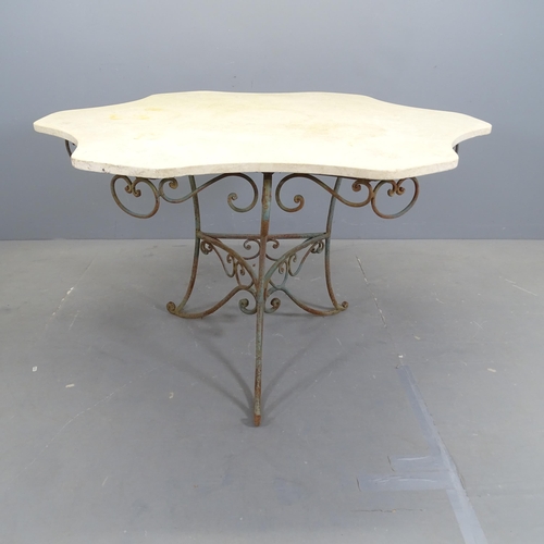 3147 - An 19th century French centre standing Orangerie table with shaped marble top on scrolled wrought ir... 