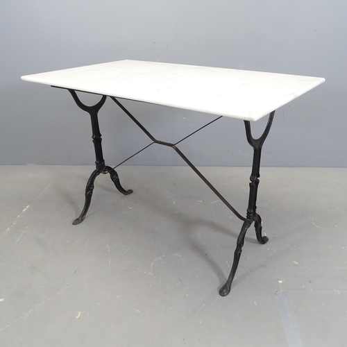 3150 - A French rectangular marble topped garden table on cast iron frame. 100x72x60cm.