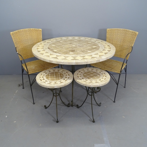 3178 - A mosaic top circular garden table, 106x73cm, with two matching occasional tables and a pair of gard... 