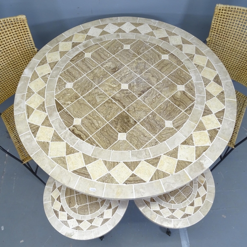 3178 - A mosaic top circular garden table, 106x73cm, with two matching occasional tables and a pair of gard... 