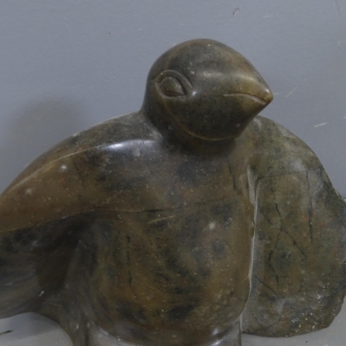 3210 - A hand carved hardstone duck sculpture, and a bird sculpture. Tallest 23cm. (2)