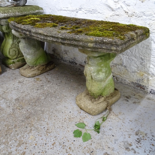 3212 - A weathered concrete three section garden bench with squirrel supports. 85x40x41cm.