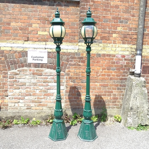 3229 - A pair of Victorian style cast aluminium street lamps or lanterns (to be rewired). Height 228cm.