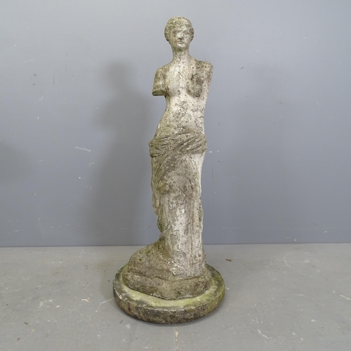 3233 - A weathered concrete garden statue, study of a classical figure, on stepped base. Height 92cm