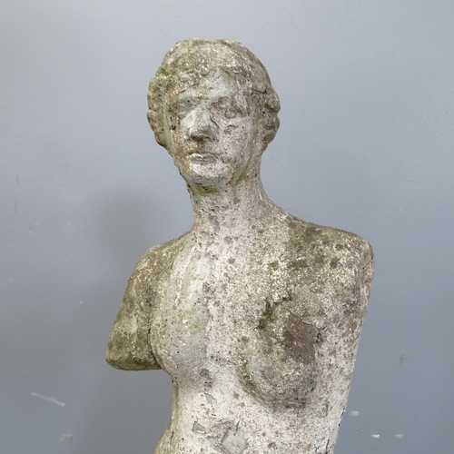 3233 - A weathered concrete garden statue, study of a classical figure, on stepped base. Height 92cm