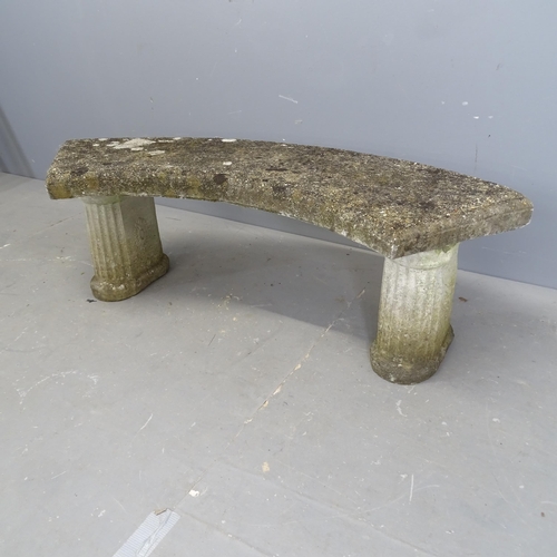 3241 - A weathered concrete three-section curved garden bench. Overall 123x41x40cm.