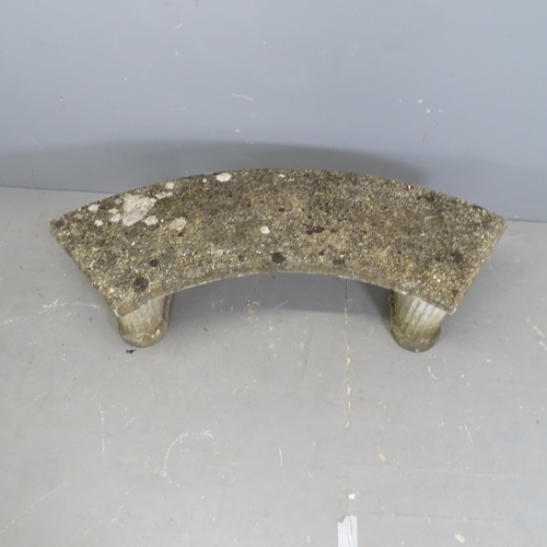 3241 - A weathered concrete three-section curved garden bench. Overall 123x41x40cm.