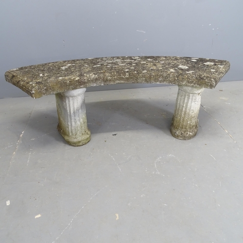 3242 - A weathered concrete three-section curved garden bench. Overall 123x41x40cm.