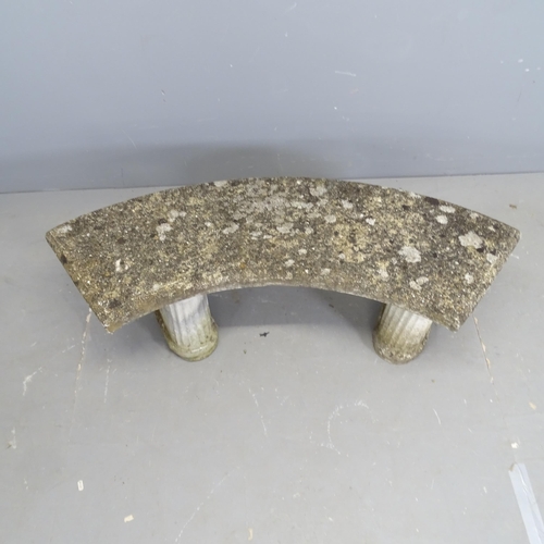 3242 - A weathered concrete three-section curved garden bench. Overall 123x41x40cm.