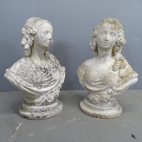 3245 - A pair of moulded reconstituted stone busts, study of a classical lady. Height 54cm.