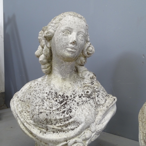 3245 - A pair of moulded reconstituted stone busts, study of a classical lady. Height 54cm.