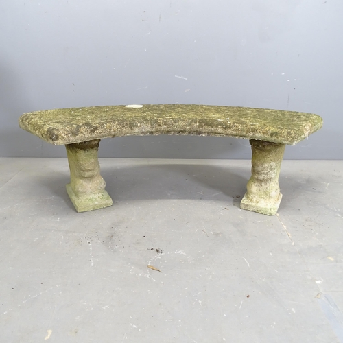 3282 - A weathered concrete three-section curved garden bench. Overall 125x39x35cm.