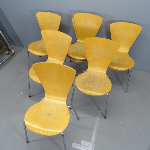 3305 - A set of seven contemporary bent ply stacking chairs.