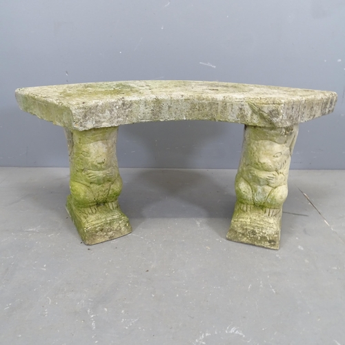 3308 - A weathered concrete three section garden bench. 96x44x33cm.