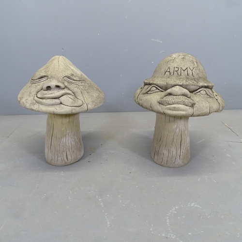 3309 - Two similar two-section concrete whimsical mushroom garden ornaments. Height 46cm.